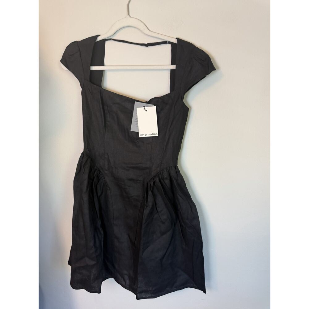 Reformation Oaklyn Cap Sleeve Linen Minidress Black 4 Babydoll Smocked Back NWT - Picture 6 of 16